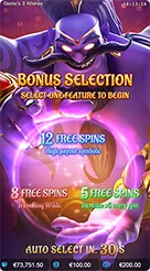 Genie's 3 Wishes · Mengoperasikan panel navigasi bawah untuk memulai putaran gulungan secara manual maupun otomatis.